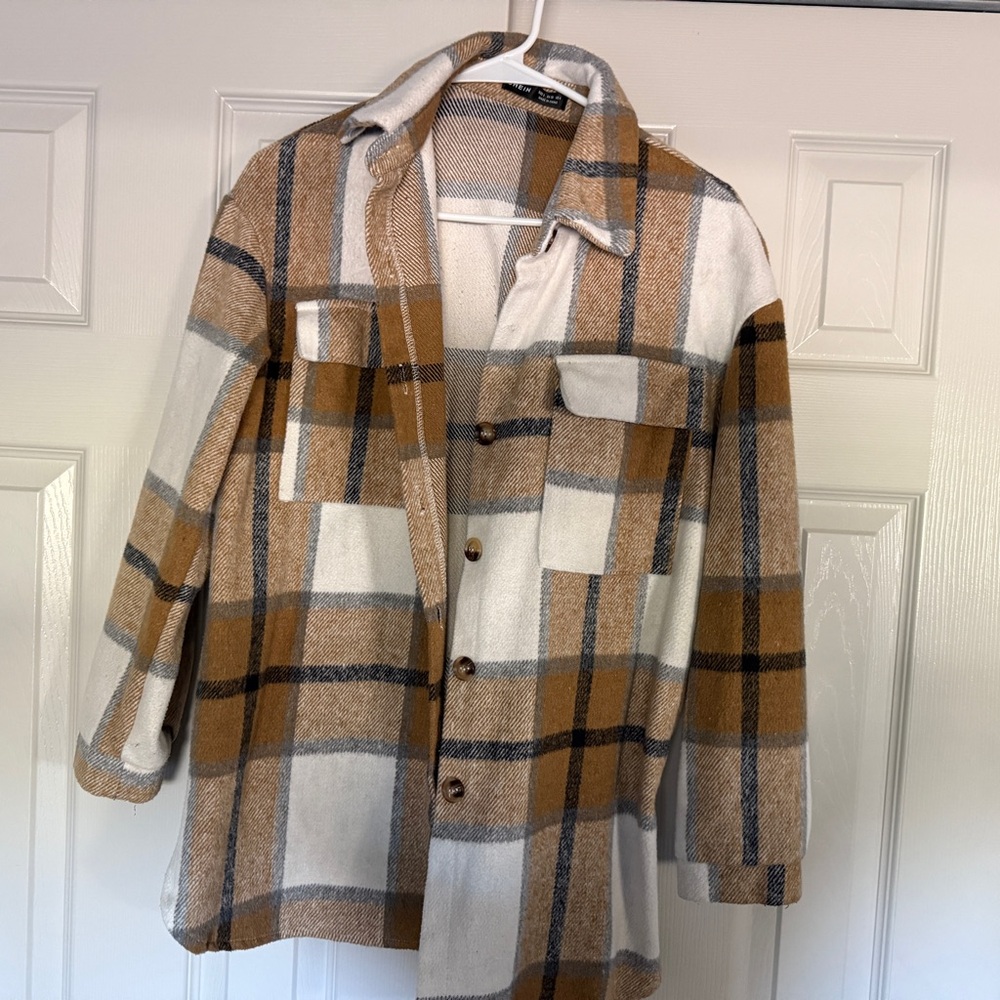 SHEIN Tan and White Plaid Utility Jacket